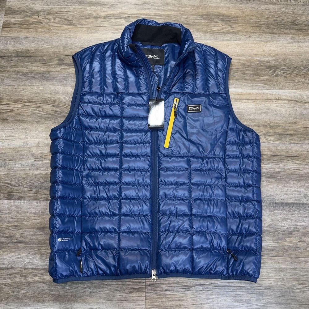NWT RLX Ralph Lauren Dalston Quilted Down Vest Mens XL Blue Rectangular Pattern
